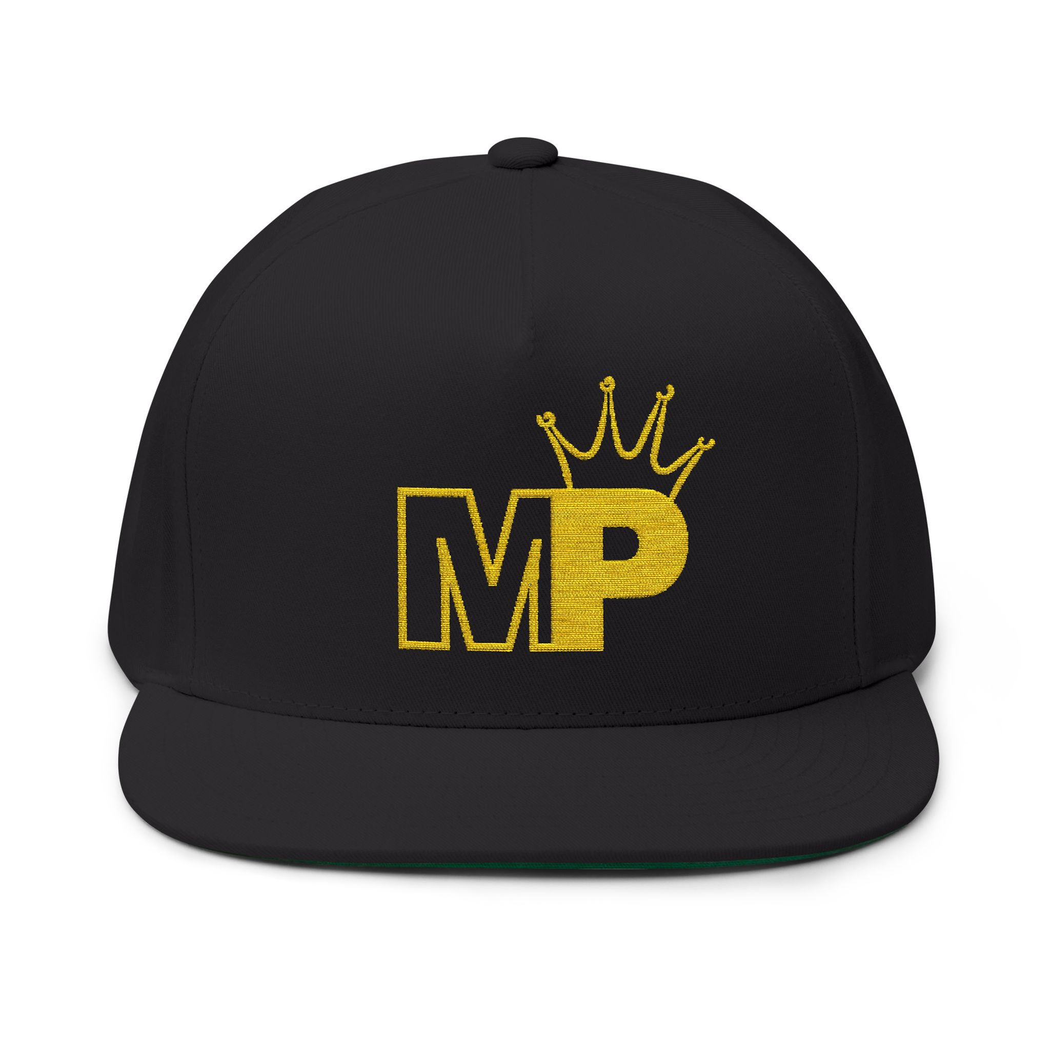 MP Crown Embroidered Flat Bill Cap — Gold Logo Snapback Hat