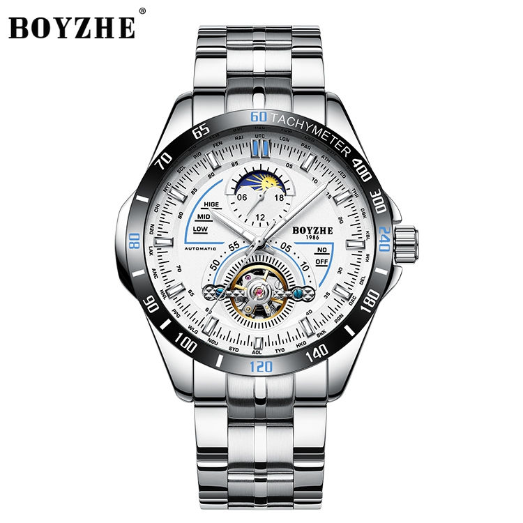 Thumbnail: BOYZHE silver watch, white dial, exposed movement