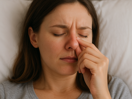 Mujer joven acostada con los ojos cerrados, presionando el puente nasal con expresión de molestia, simulando congestión nasal nocturna.