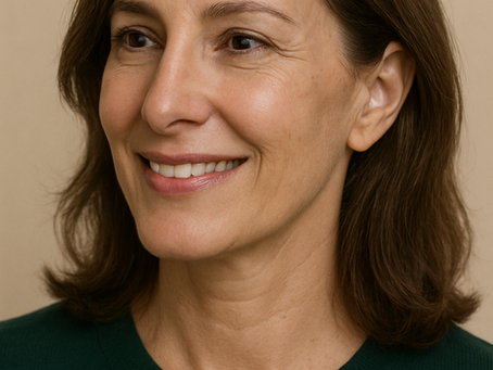 Mujer de mediana edad con rostro armónico y refinado tras rinoplastia, sonriendo suavemente en un fondo beige, con suéter verde oscuro y expresión natural.