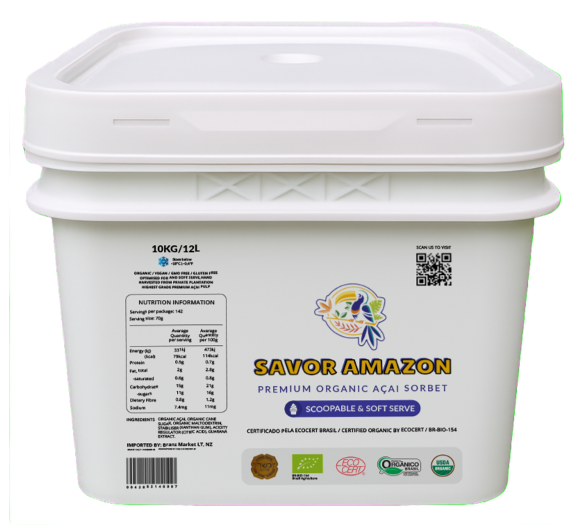Savor Amazon 10kg premium organic açaí sorbet tub by Branz Market Group, certified organic and scoopable.