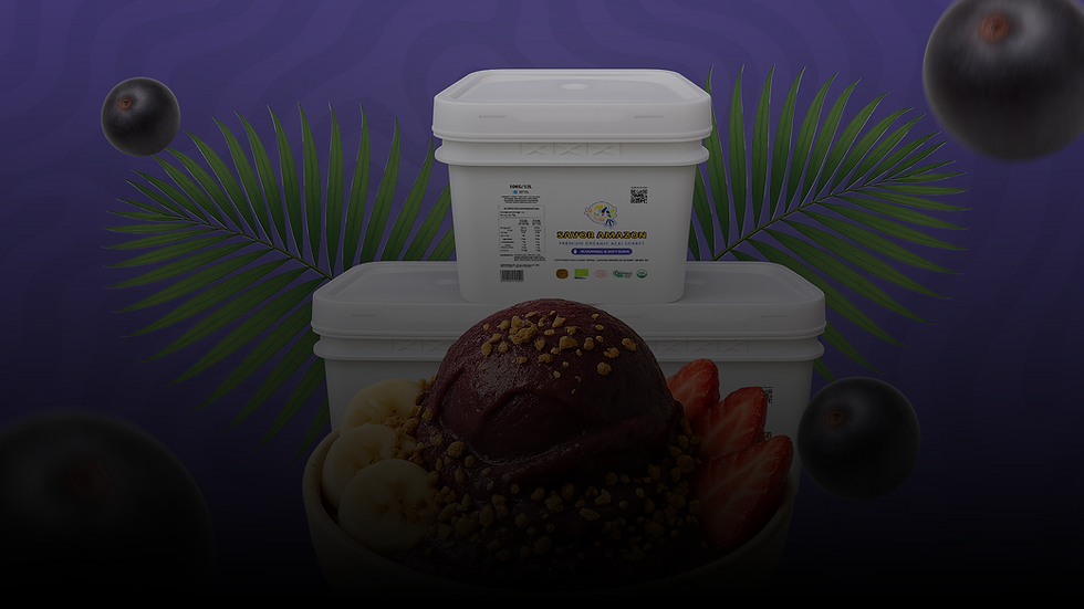 Savor Amazon premium açaí sorbet tubs with a bowl of açaí topped with banana, strawberries, and granola, representing BMG