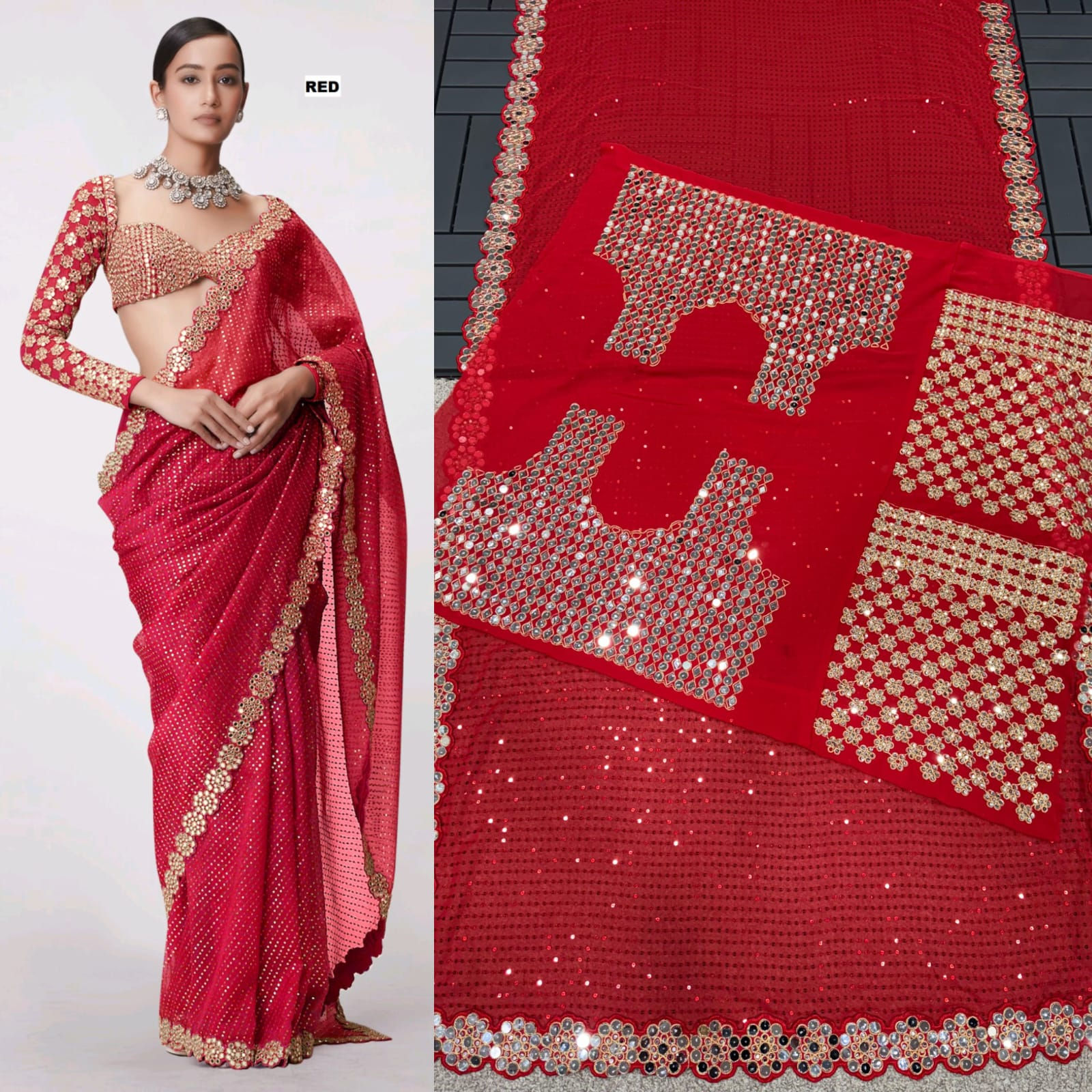 Stunning Designer Red Sequence Saree with Heavy Embellished Blouse