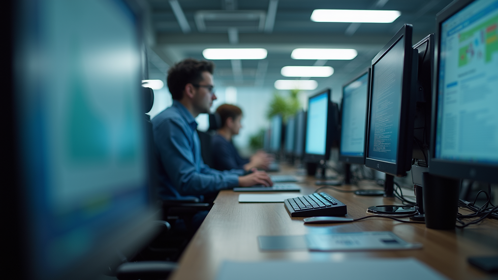 Eye-level view of a modern office workspace with multiple computer screens