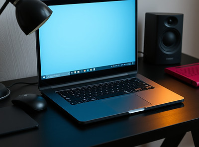 Laptop on a black desk