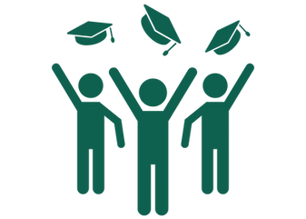 An icon of 3 students throwing their graduation hats in the air.