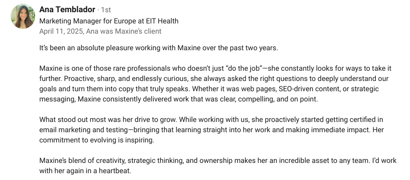 A testimonial from Ana at EIT Health