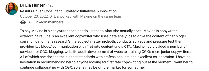 CGX Training testimonial for Maxine Knight's Copywriting and Editor service