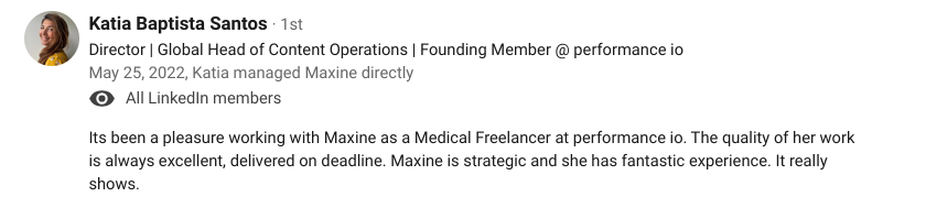 A testimonial for Maxine Knight from Performance .io