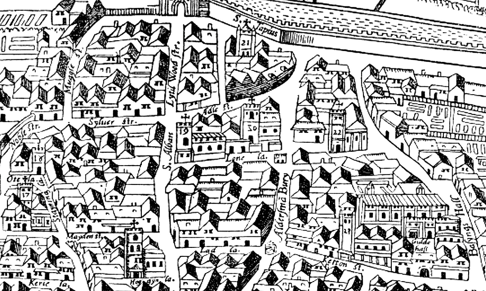 St Mary Aldermanbury is in the centre of this extract from the Agas Map of c.1560 (just above where its says 'Lone Lane', which should say 'Love Lane'). Permission of Janelle Jenstad and the Map of Early Modern London..