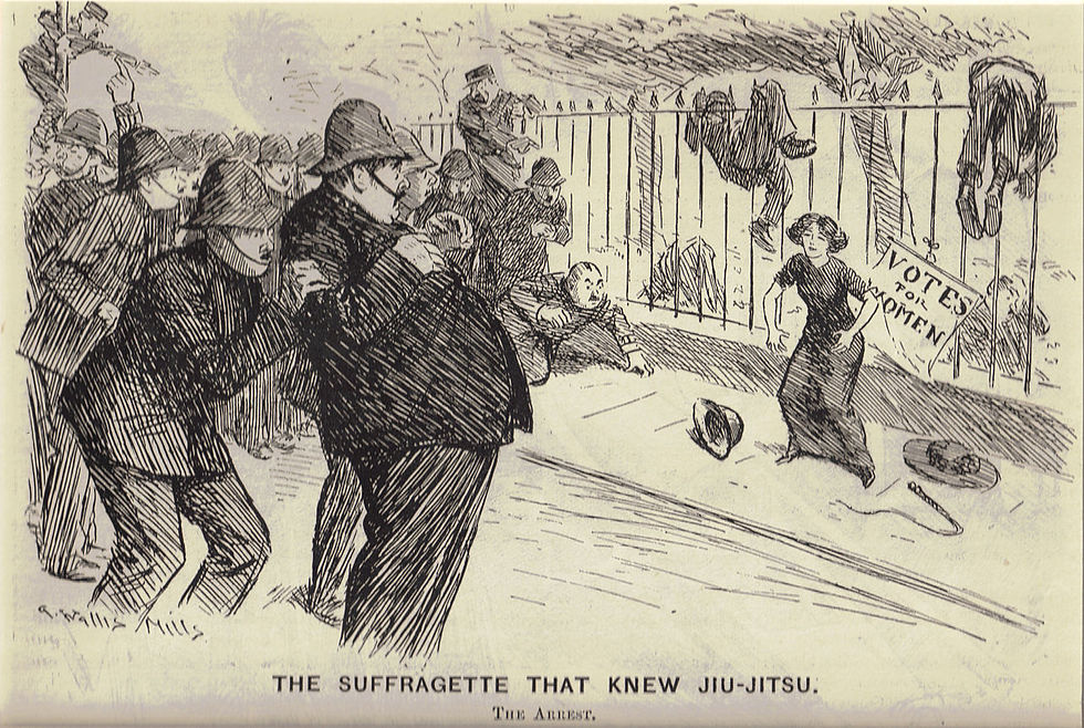 'The Suffragette that Knew Jiu-Jitsu. The Arrest.' Cartoon published in Punch 1910. Source: Wikipedia, public domain