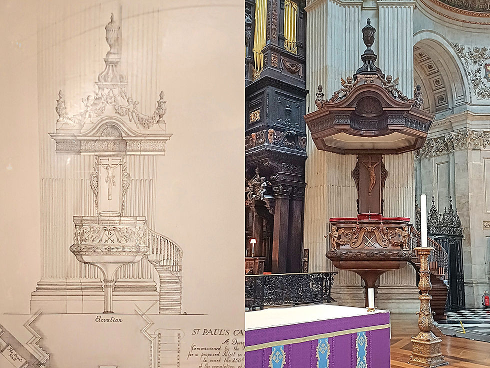 St Paul's Cathedral pulpit: John Sealy's 1962 design (photographed from the St Paul's Cathedral collection) and the pulpit in 2026