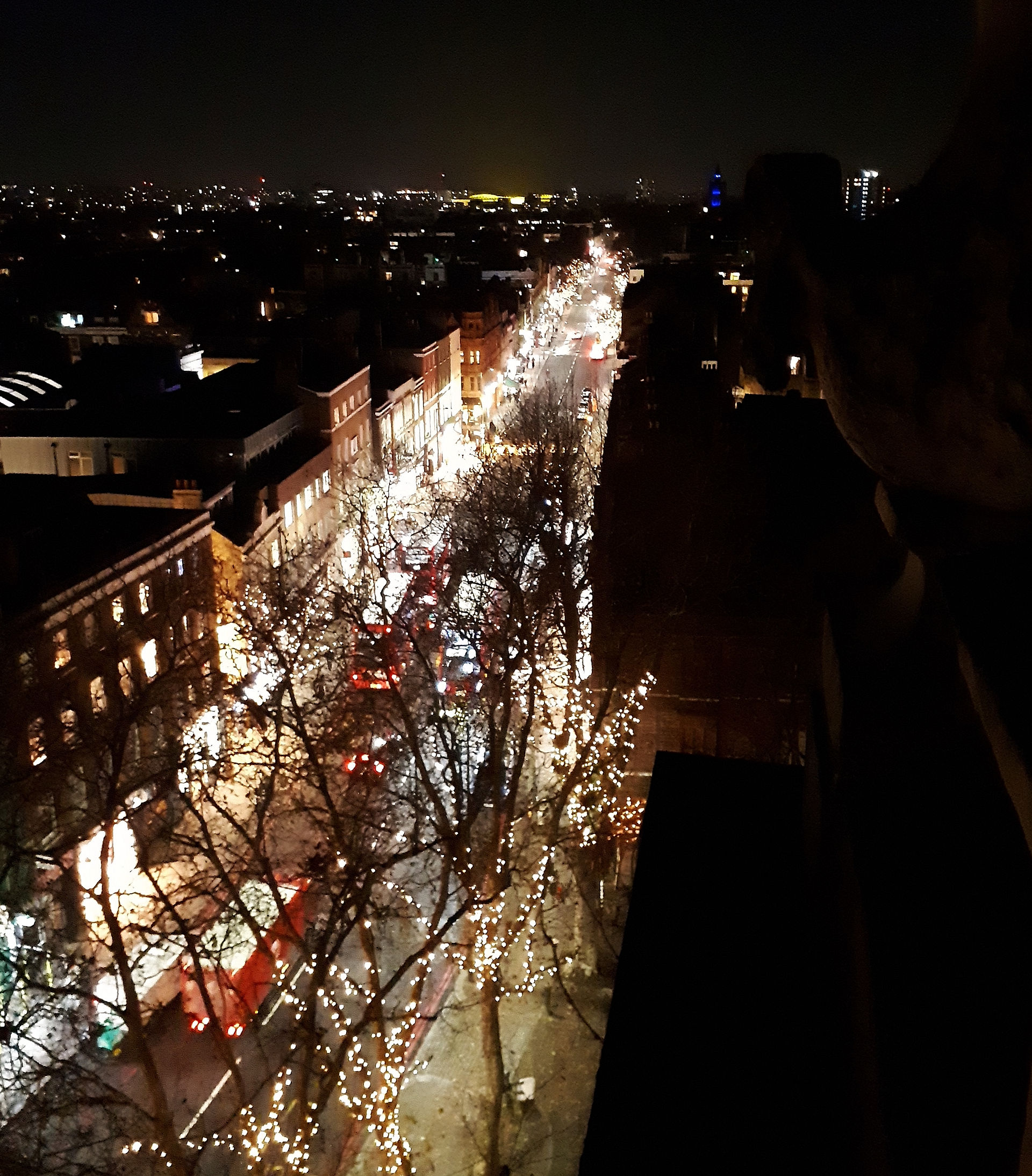The night time view north up Upper Street from St Mary Islington