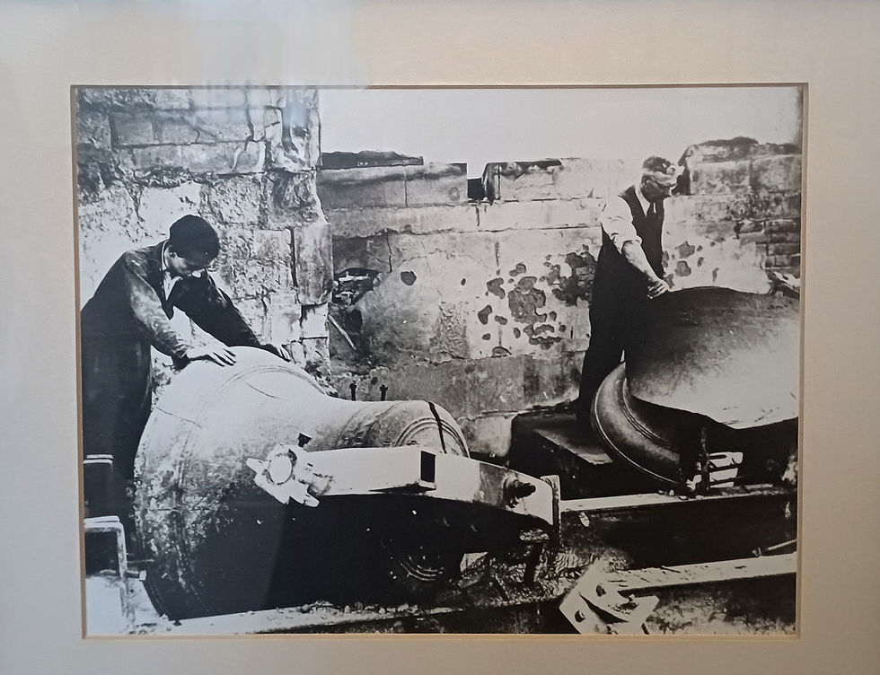 Damaged bells after the bombing raid of 10/11 May 1941. Source: bell ringing chamber at St Mary-le-Bow