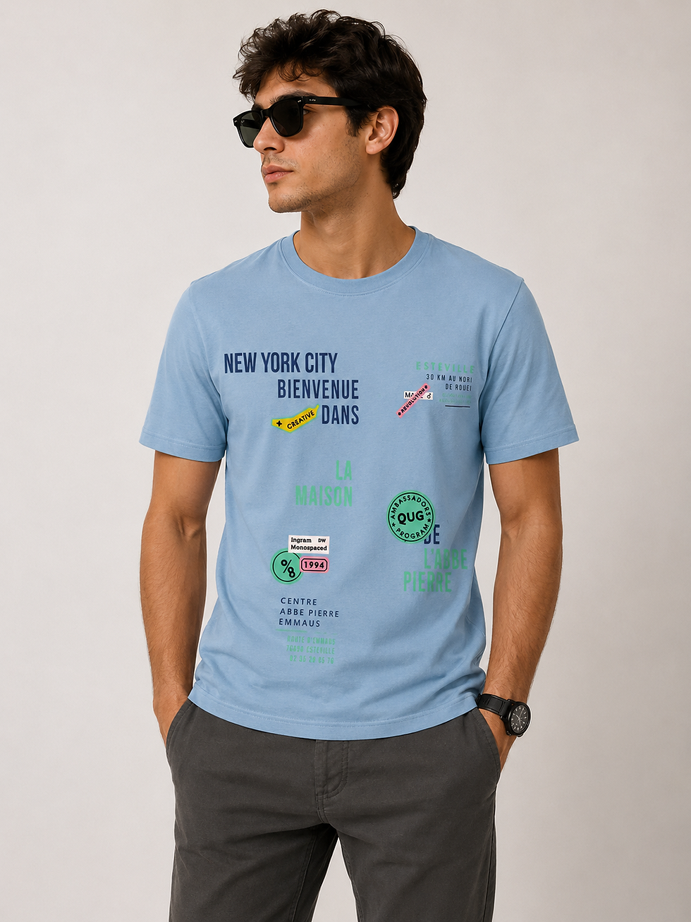 Man in sunglasses wearing blue graphic t-shirt