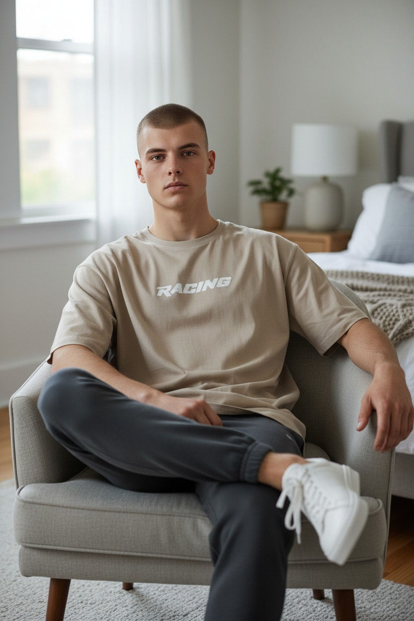 Thumbnail: Man wearing a tan Regular Slim Fit Tee
