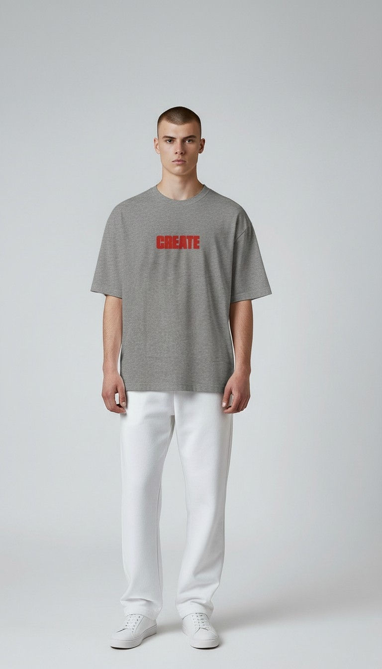 Male model in grey 'FREEDOM' t-shirt and white pants