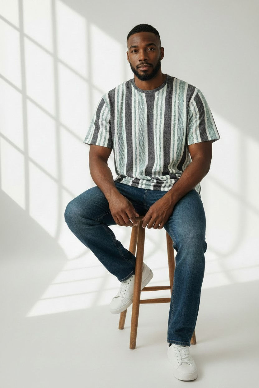 Thumbnail: Man with beard sitting on stool, striped shirt, blue jeans
