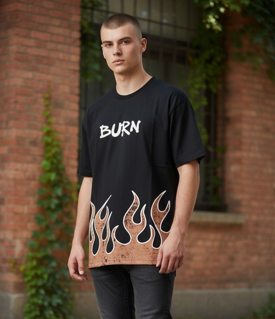 Man in black t-shirt with BURN text and flame design