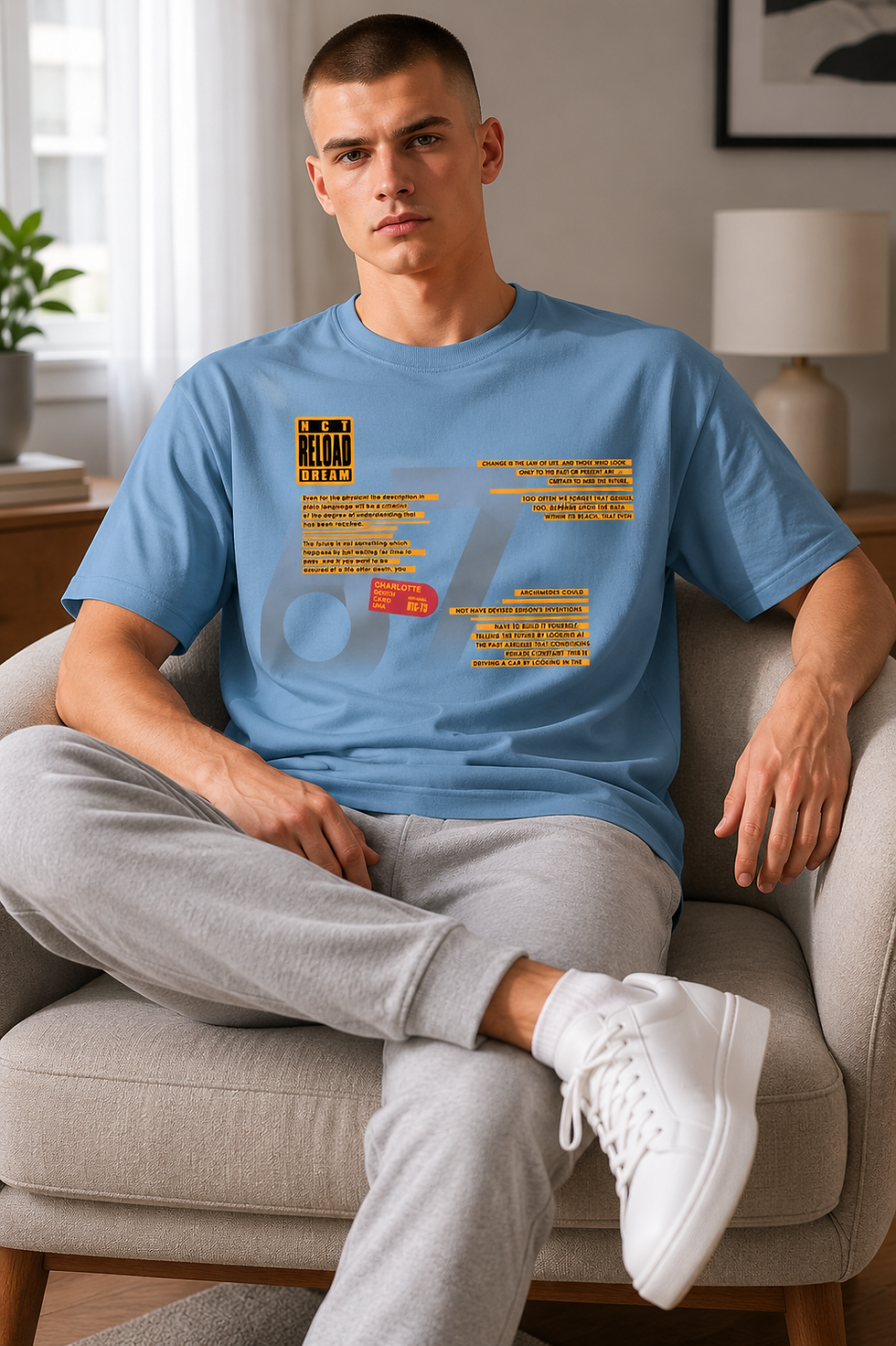Man sitting in a chair wearing a blue graphic t-shirt