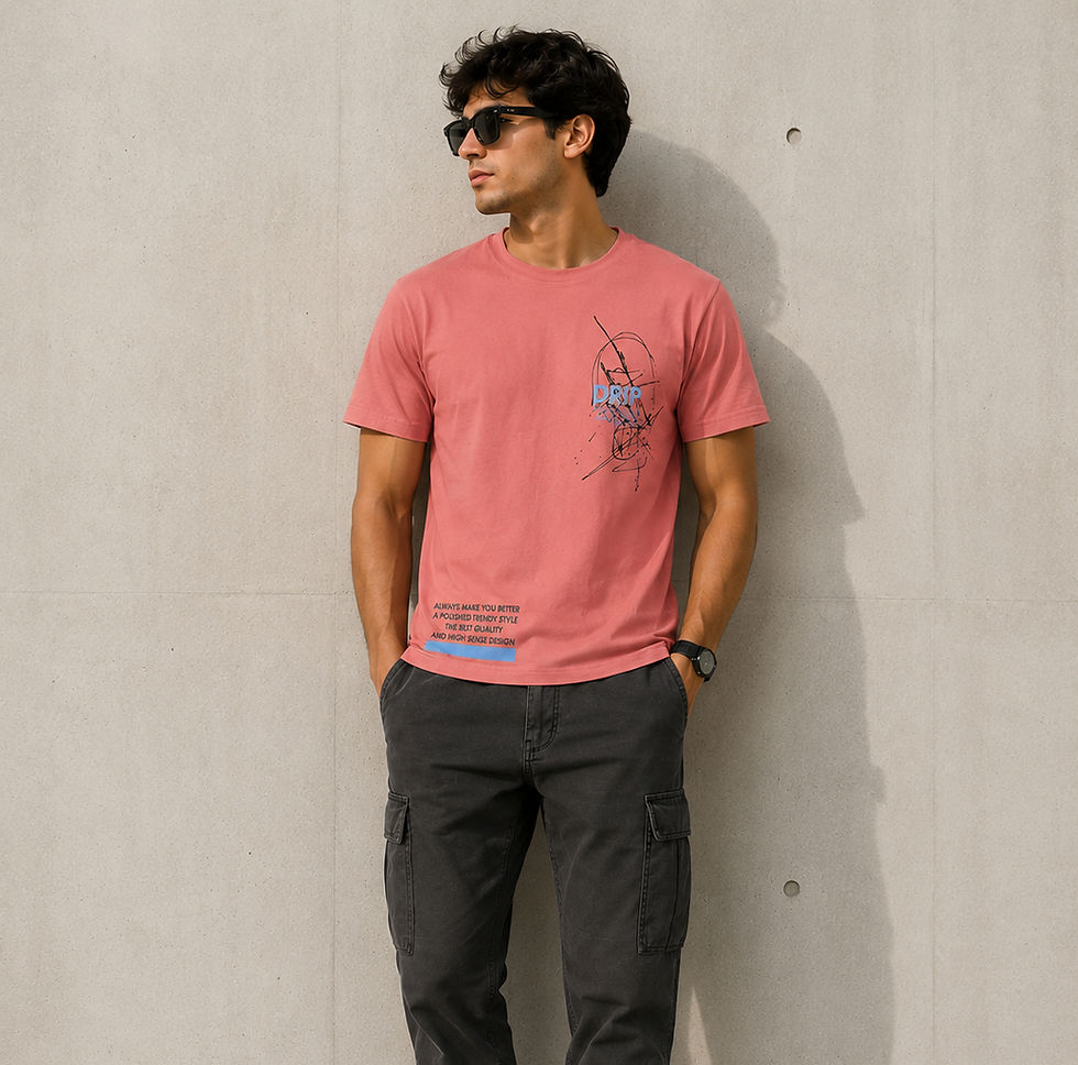 Man in red t-shirt, cargo pants, and sunglasses