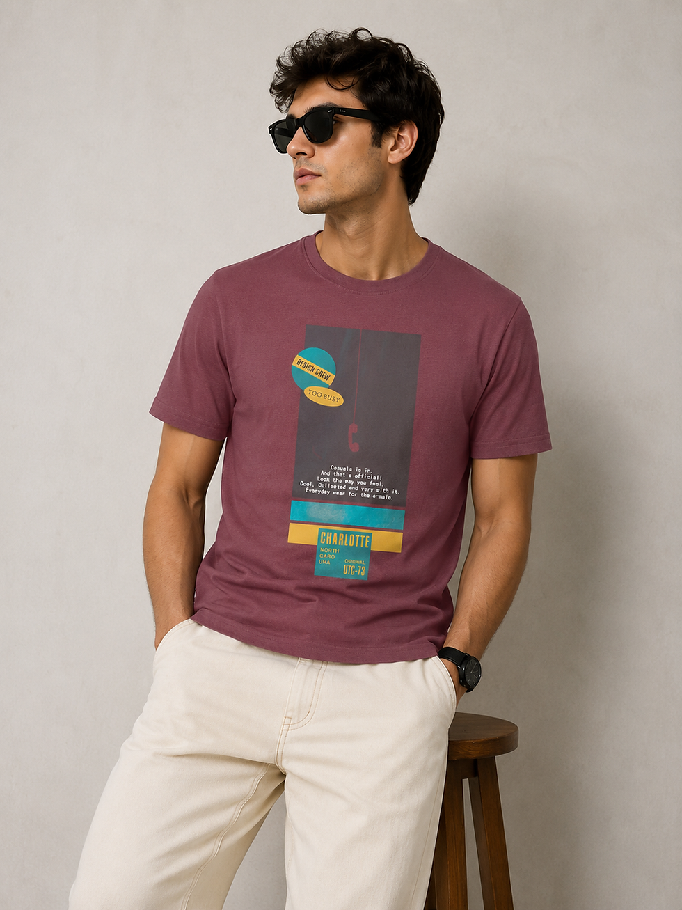 Man in maroon Regular Slim Fit Tee with graphic, sunglasses.