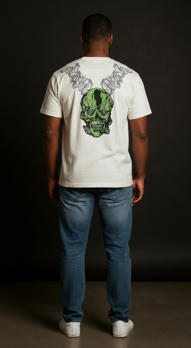 Thumbnail: White t-shirt with green winged skull graphic on back
