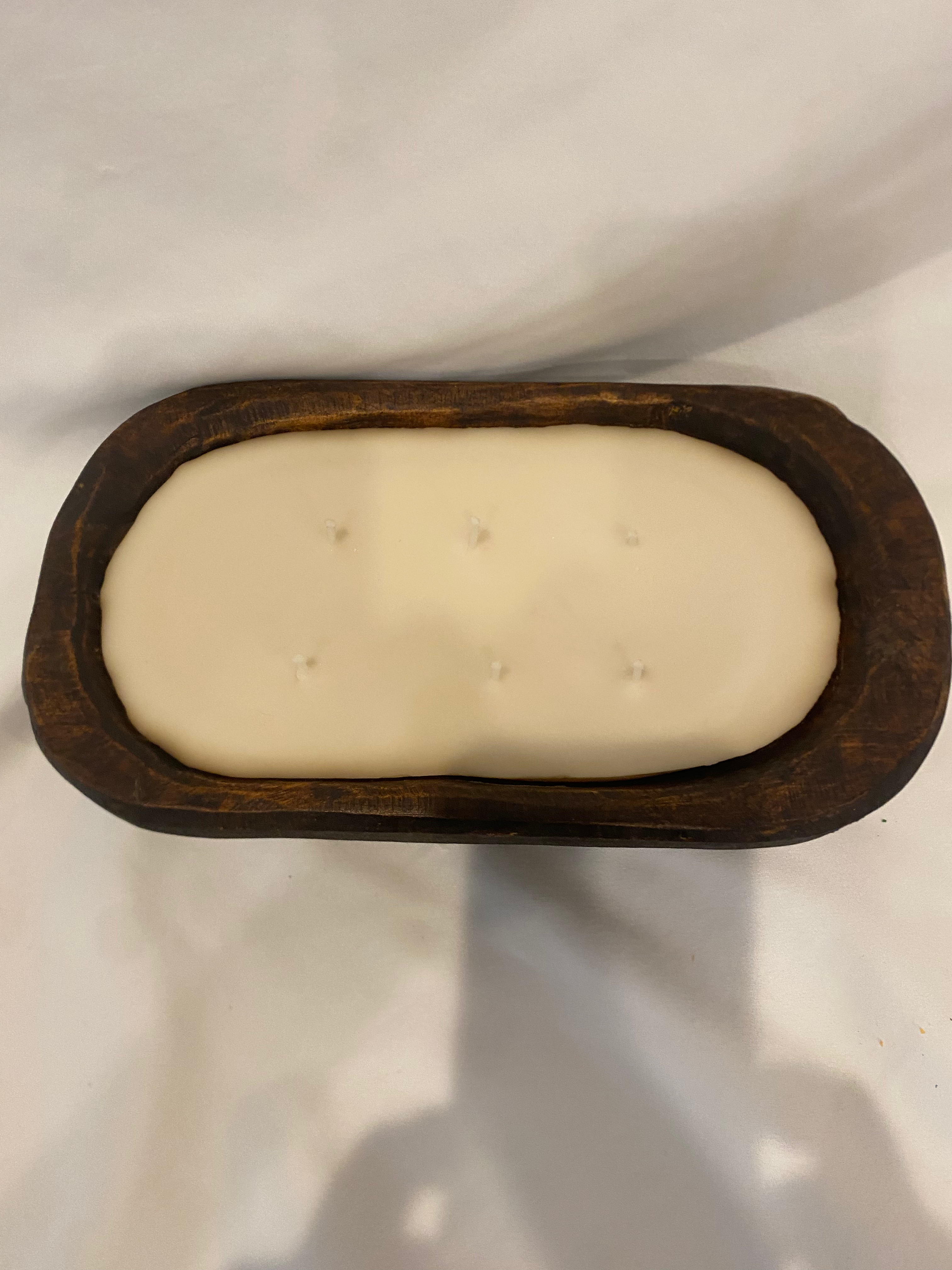 Brown oval farmhouse bowl candle top view