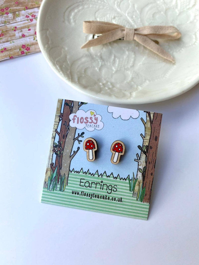 Thumbnail: 6 x Toadstool Wooden Earrings