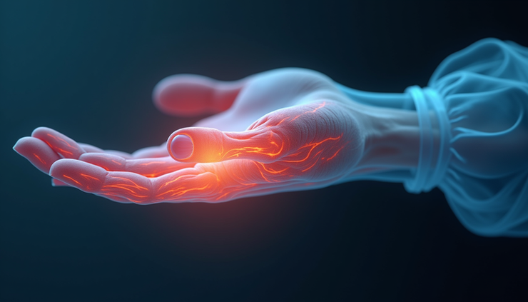 Close-up view of a wrist showing the thumb base area with highlighted tendons
