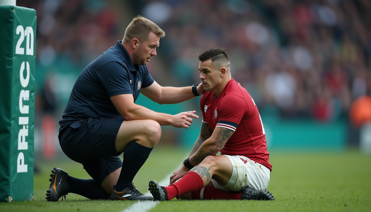 Eye-level view of a rugby pitch with a physiotherapist assessing a player on the sidelines