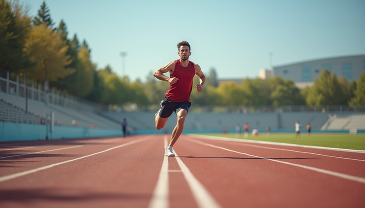 Eye-level view of a runner performing dynamic warm-up exercises on a track