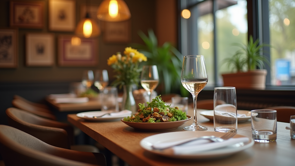 Eye-level view of a cozy restaurant table set for a healthy meal