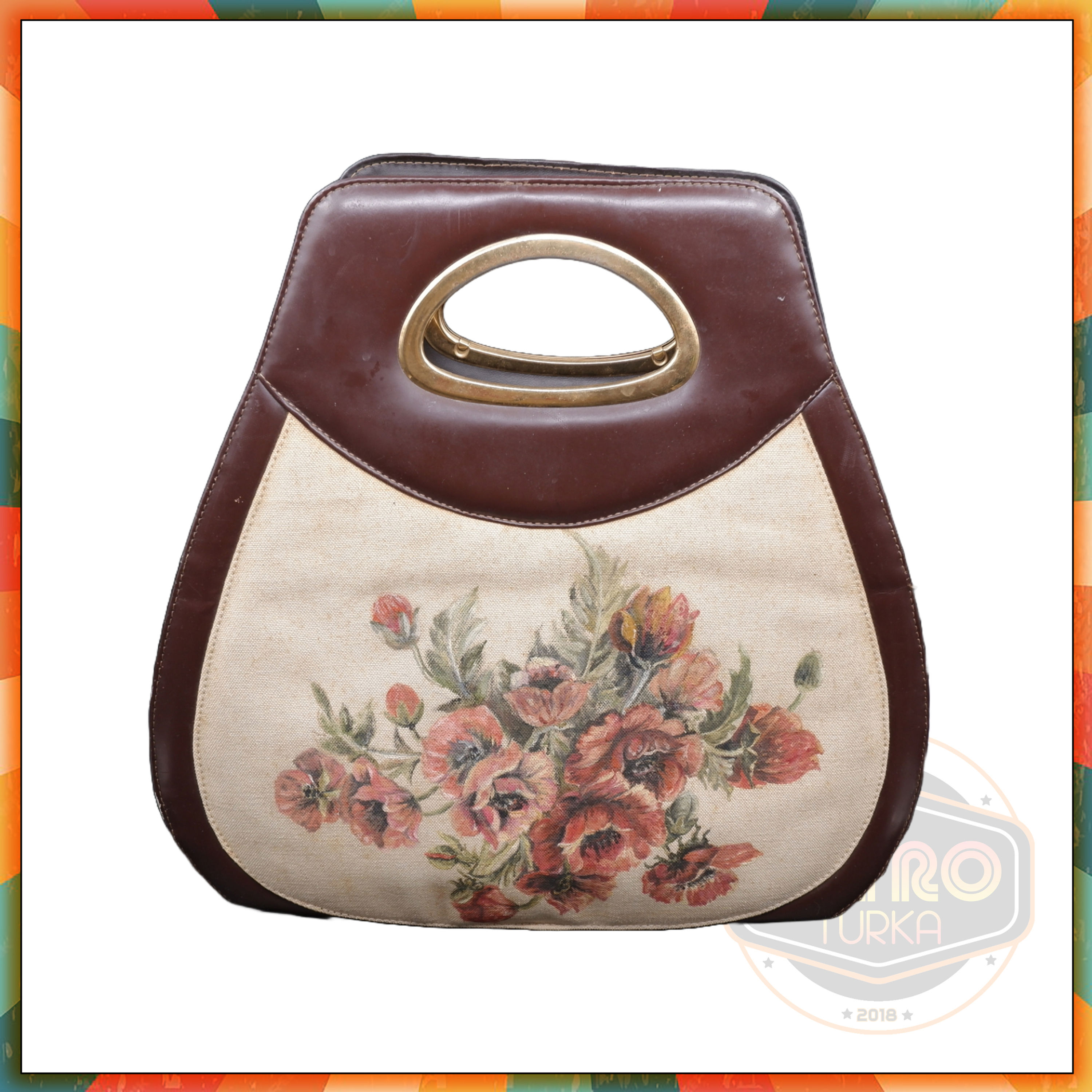 1970'ler El İşlemesi Gül Desenli, Deri Detaylı Şık Vintage Kadın Çantası