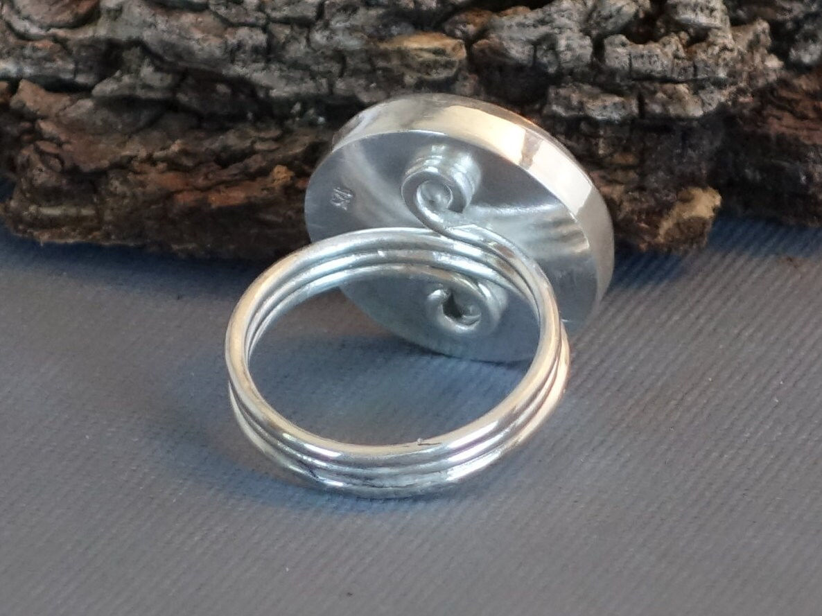 Antique Glass Button Ring, Silver Black Statement Ring, size 6.5