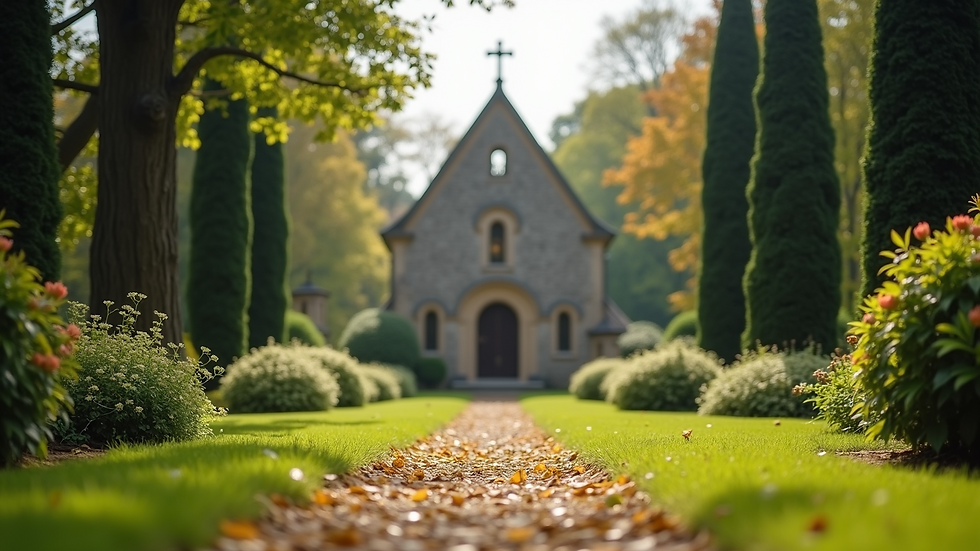 Eye-level view of a serene church garden