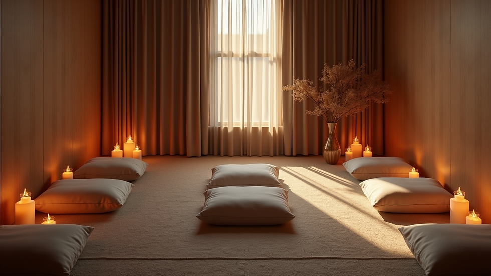 High angle view of a cozy meditation corner with cushions and candles
