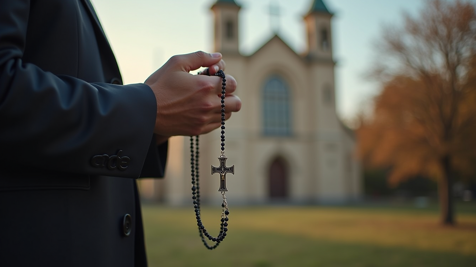 Close-up view of a person holding a rosary with a blurred church background