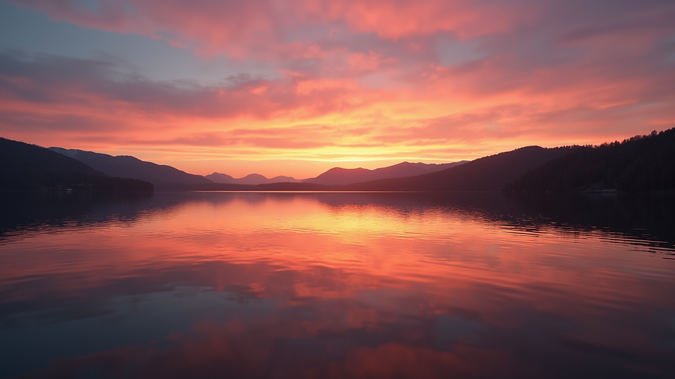 Close-up view of a calm lake reflecting a colorful sunset sky