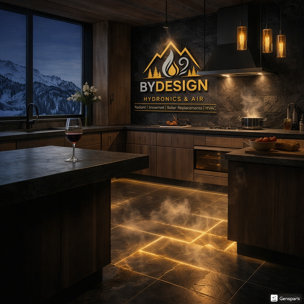 A 3d rendering of a luxury mountain home kitchen featuring the ByDesign logo
