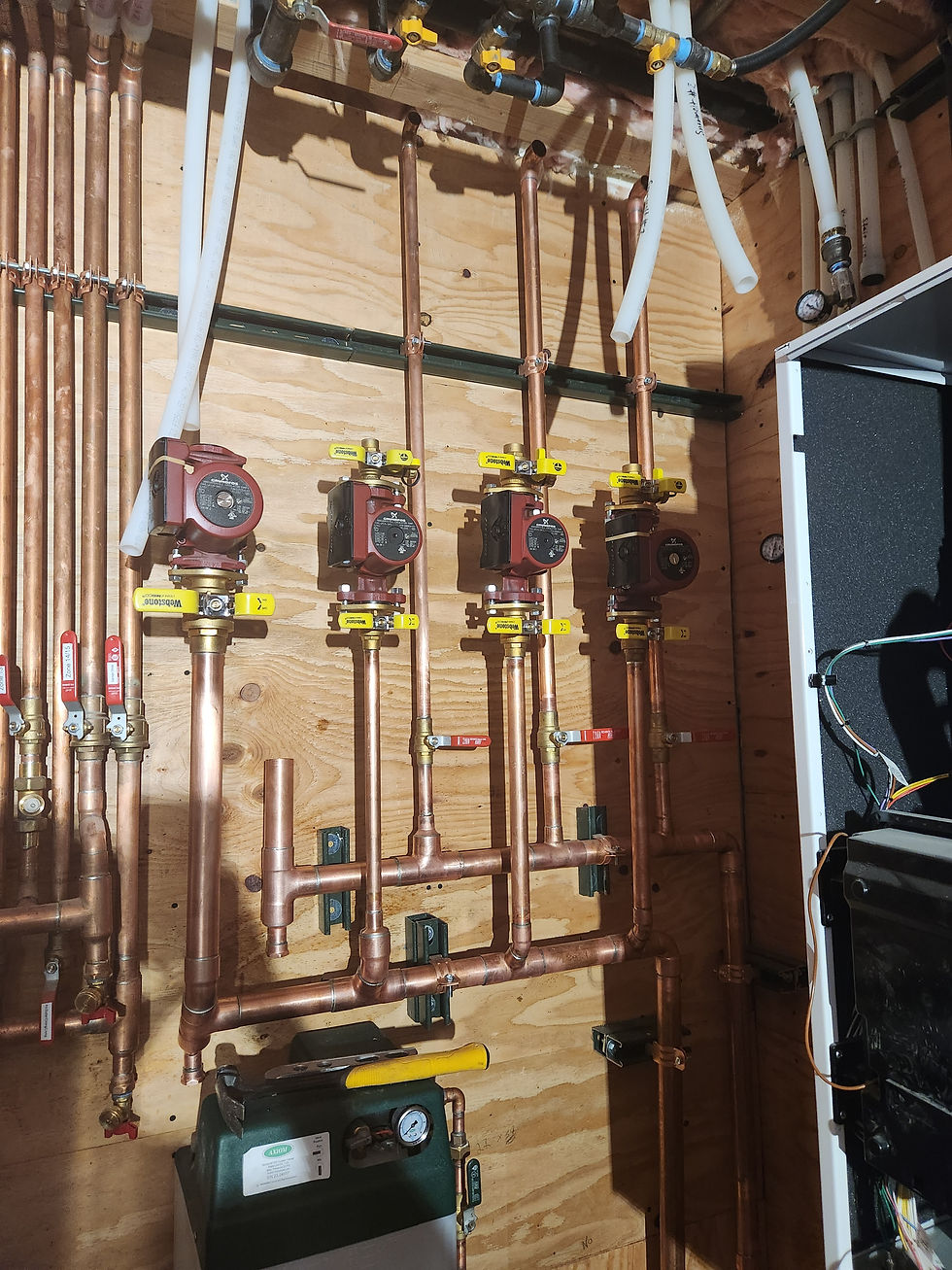 Copper manifolds and circulators on a plywood mechanical wall in Littleton, Colorado