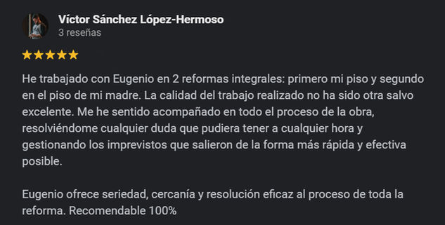 Reseña cinco estrellas de Victor Sánchez: "Excelente trabajo, recomiendo 100%"