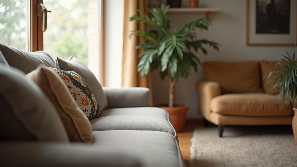 Eye-level view of a cozy living room with a comfortable couch
