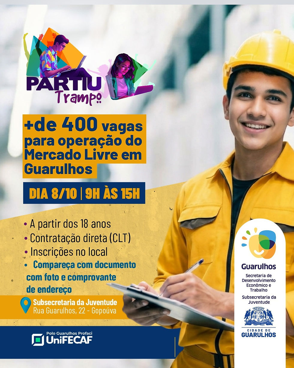O projeto Partiu Trampo, da Prefeitura de Guarulhos, promove nesta quinta-feira (8), das 9h às 15h, uma ação de empregabilidade para contratação direta no regime CLT para vagas voltadas a pessoas com idade a partir de 18 anos para empresa do setor de e-comerce que opera no município. São ofertadas mais de 400 vagas e o processo seletivo acontecerá na sede da Subsecretaria da Juventude, no Gopoúva (rua Guarulhos, 22). Interessados devem comparecer ao local com documento com foto e comprovante de endereço.
