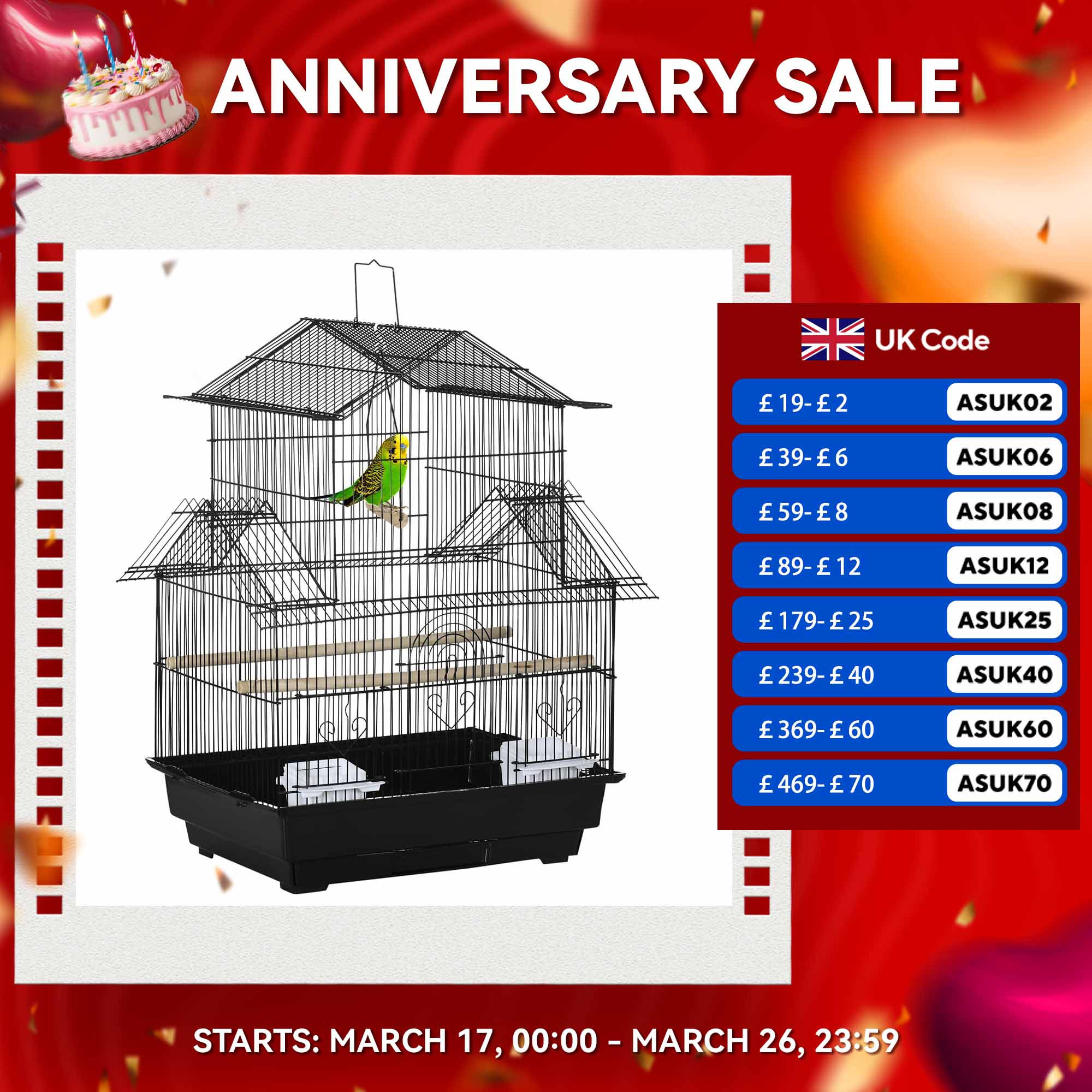 PawHut Metal Bird Cage Small w/ Perch Food Container Handle for Finch Canary