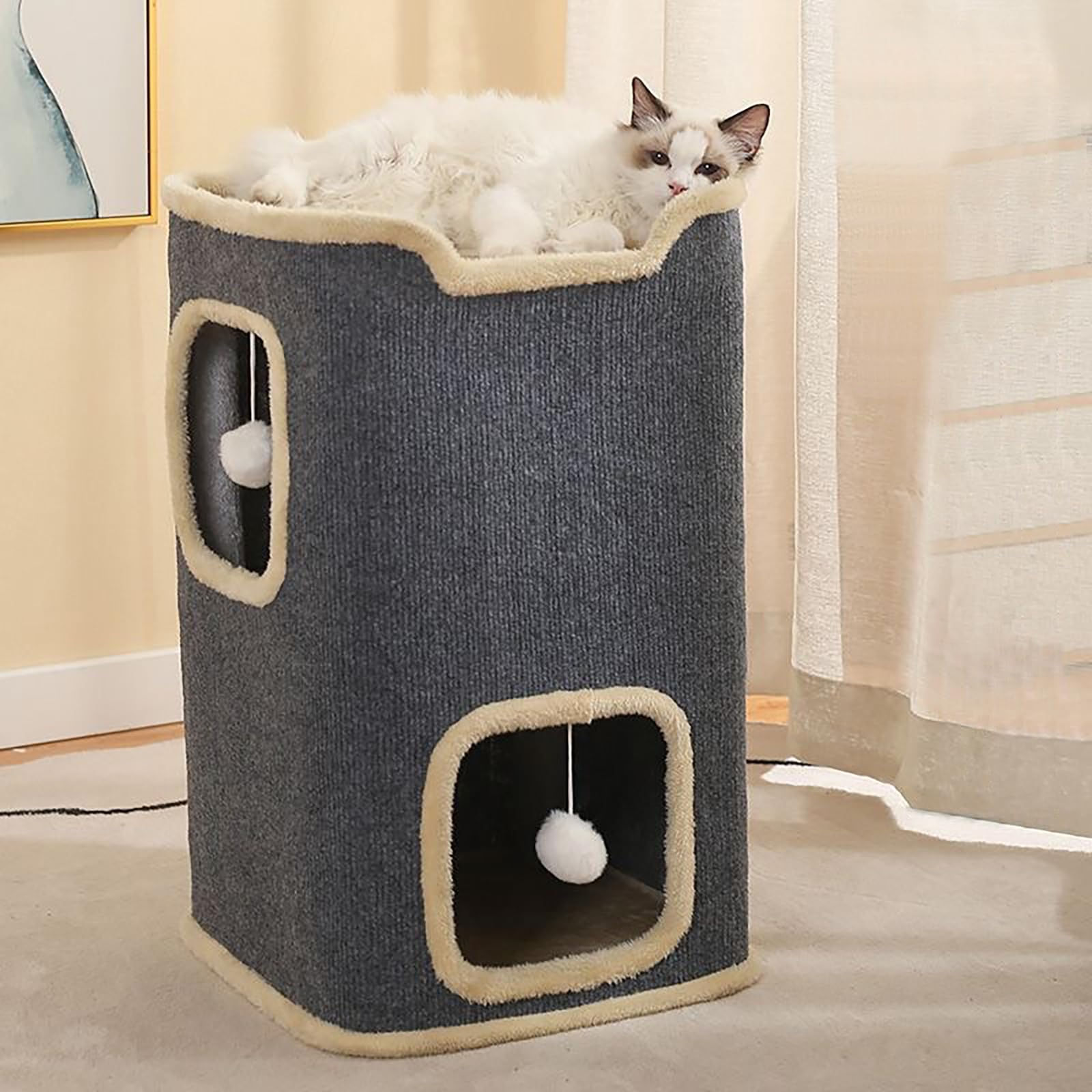 2-Layer Cat House Cat Cave for Indoor Cats Rectangular Cat House Hanging Toy Ind