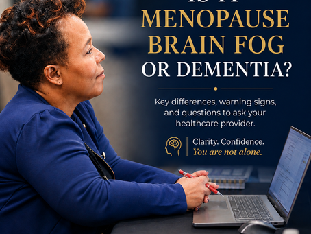 Blog banner for "Is It Menopause Brain Fog or Dementia?" by Truly Flavius, MHA, featuring a midlife woman looking thoughtful while working at a laptop.