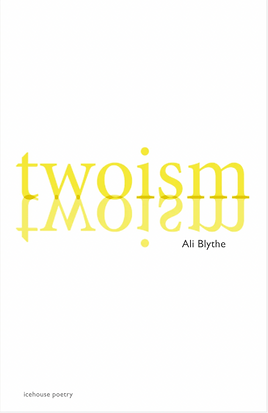 The cover of Twoism. The title itself in lower case chartreuse reflecting and doubling on a stark white background.