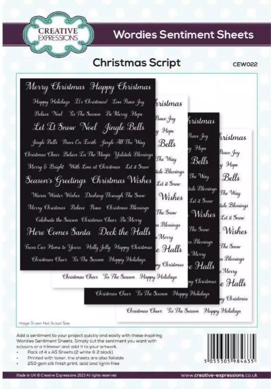 Christmas Script Wordies Sentiment Sheets By Creative Expressions Pack of 4 (A5) - Craftmania stock photo