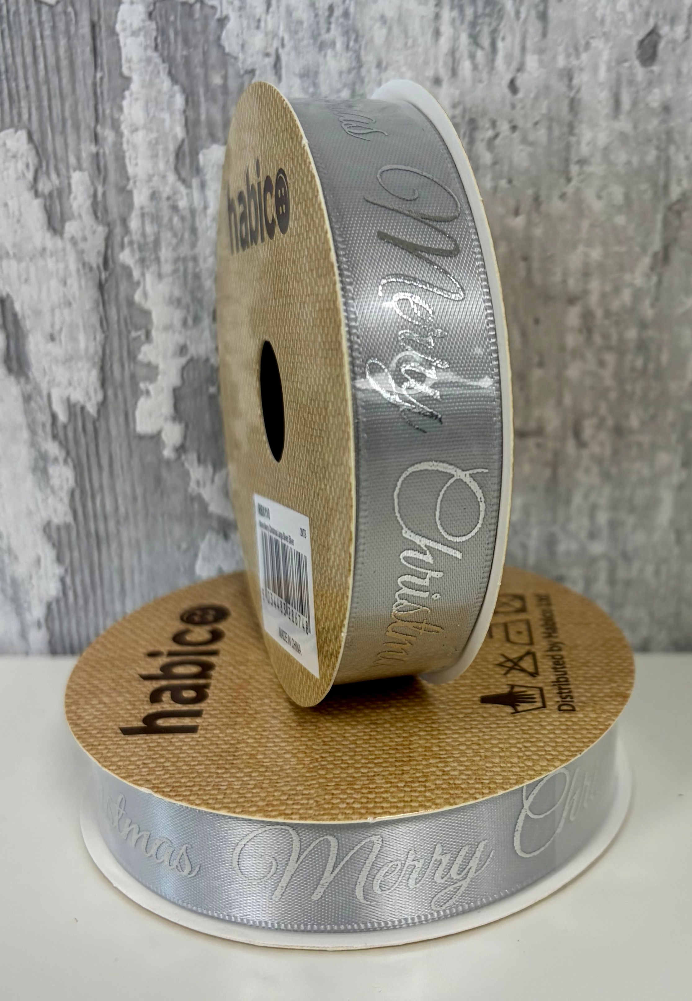 Merry Christmas Large (Silver) Ribbon – 12 x 16mm / 2m Reel - Craftmania Stock Photo 1